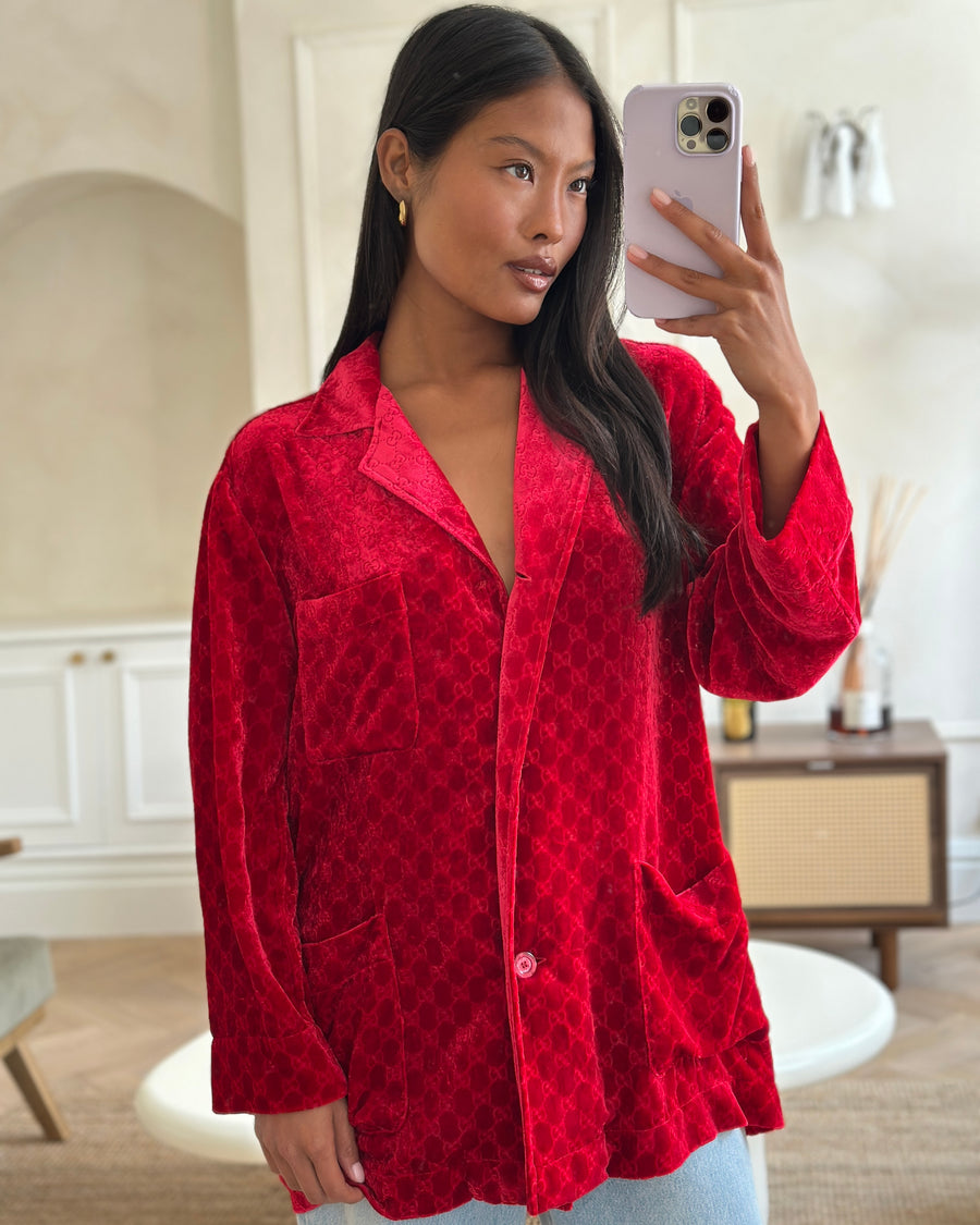 Gucci Red Velvet Long Sleeve GG Monogram Shirt Size IT 38 (UK 6)