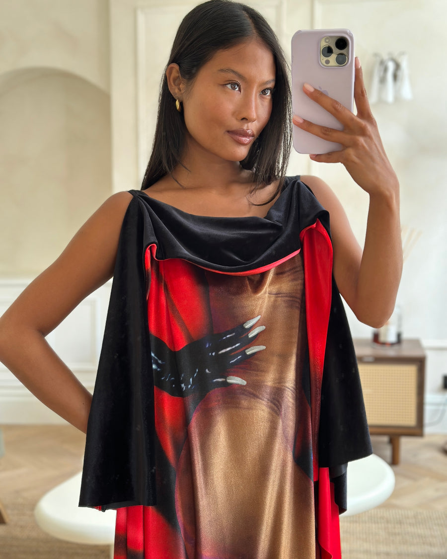 Loewe Black and Red Velvet Draped Maxi Dress with Body Print Size IT 38 (UK 6)
