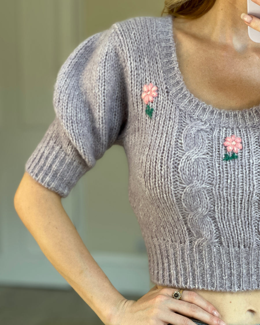 Alessandra Rich Lilac Long-Sleeve Cropped Sweater with Flower Detail IT 38 (UK 6)