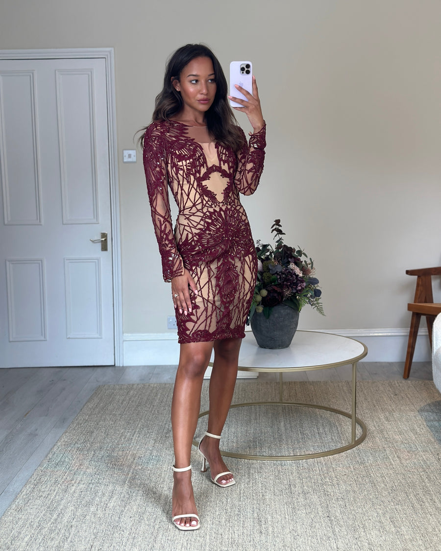 Zuhair Murad Burgundy Sequin Embellished Long-sleeve Midi Dress Size FR 34 (UK 6)