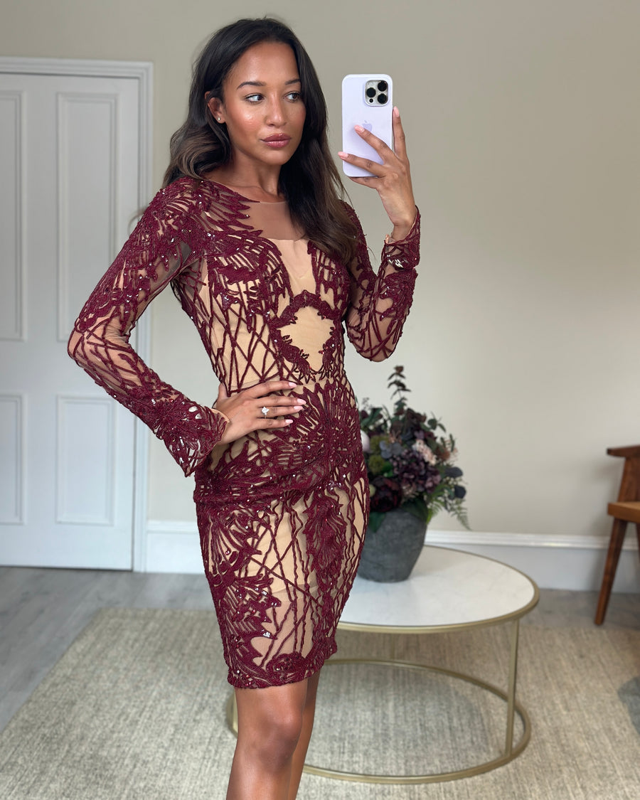 Zuhair Murad Burgundy Sequin Embellished Long-sleeve Midi Dress Size FR 34 (UK 6)