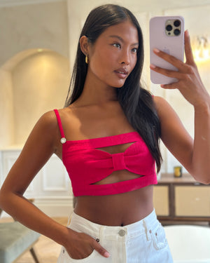 Chanel 21K Raspberry Pink Silk CC Logo Printed Bralette Top with Crystal Details Size FR 38 (UK 10)