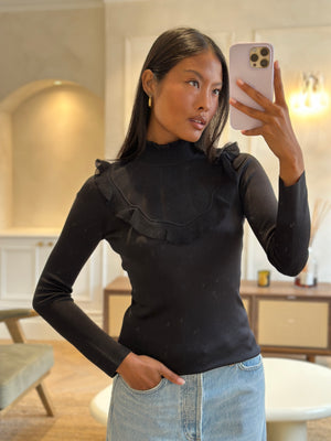 Hermès Black Ruffle Long Sleeve Top with Collar Detail Size FR 34 (UK 6)