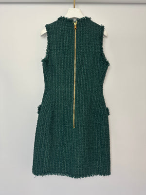 Balmain Green Sleeveless Tweed button Down V-Neck Mini Dress Size FR 38 (UK 10)