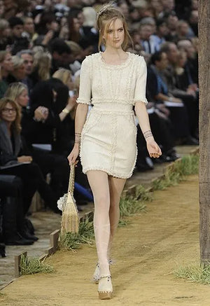 Chanel 10/P Cream Short Sleeve Tweed Midi Dress Size FR 36 (UK 8)