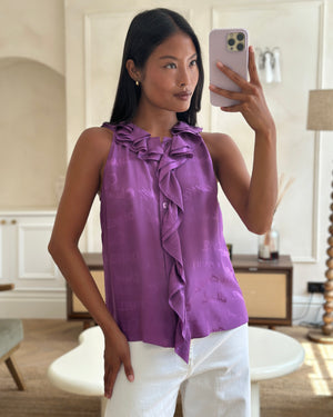 Chanel 22P Purple Silk Sleeveless Button Down Top with Ruffle Neckline and Logo Detail Size FR 38 (UK 10)