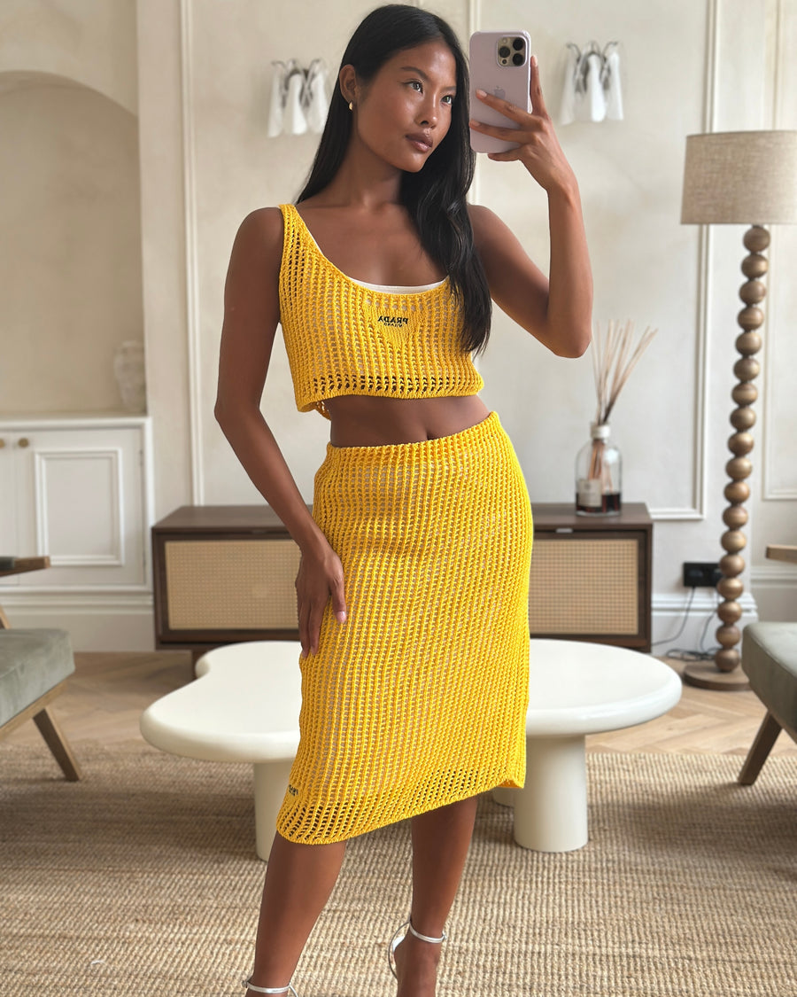 Prada Yellow Crochet Knitted Top and Skirt Set Size IT 38 (UK 6)