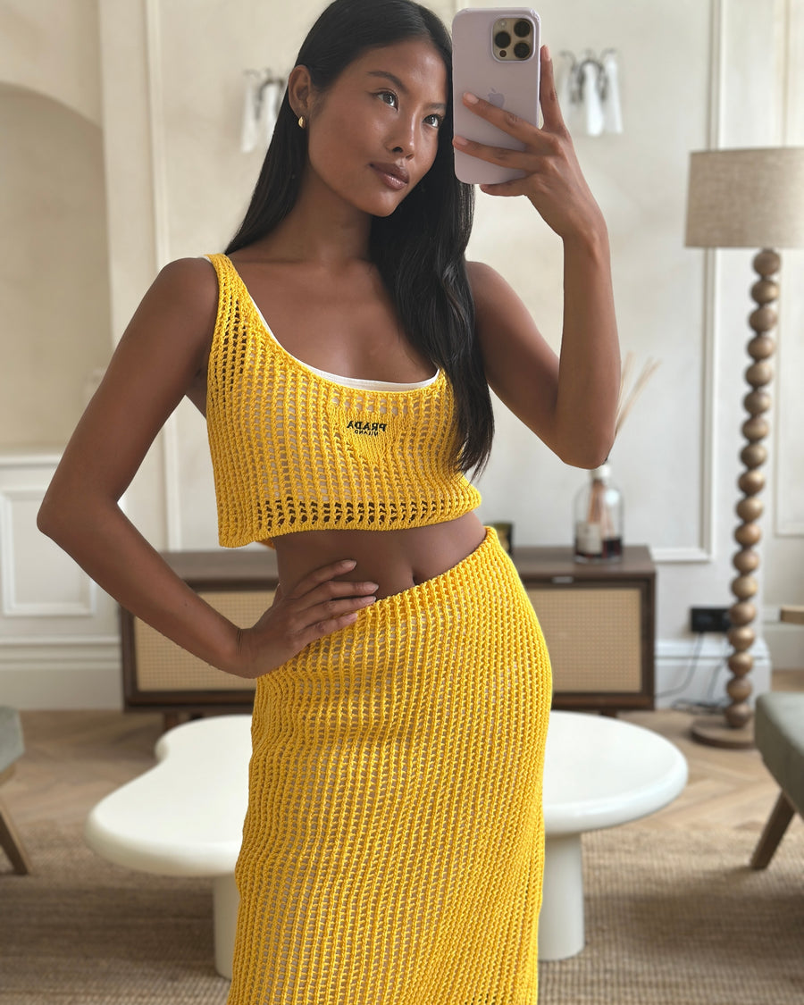 Prada Yellow Crochet Knitted Top and Skirt Set Size IT 38 (UK 6)