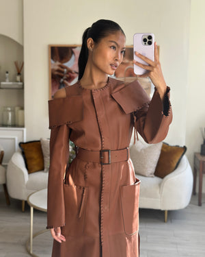 Fendi Brown Cut-Out Long Sleeve Leather Dress with Leather Stitch Detail and Belt Size IT 40 (UK 8)