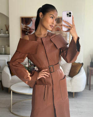 Fendi Brown Cut-Out Long Sleeve Leather Dress with Leather Stitch Detail and Belt Size IT 40 (UK 8)