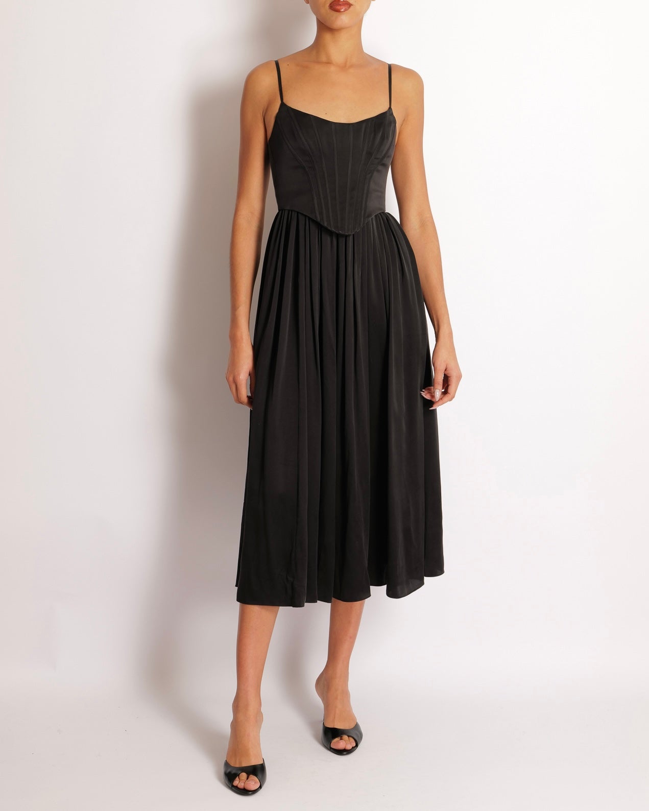 Zimmermann Black Silk Midi Dress with Pleated Skirt and Corset Detail