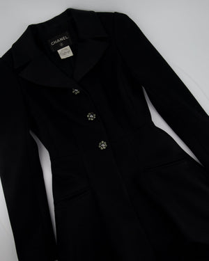 Chanel Autumn 2008 Black Wool A-Line Dress Coat with Crystal Flower Buttons FR 34 (UK 6)