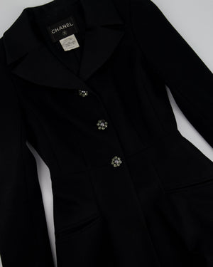 Chanel Autumn 2008 Black Wool A-Line Dress Coat with Crystal Flower Buttons FR 34 (UK 6)