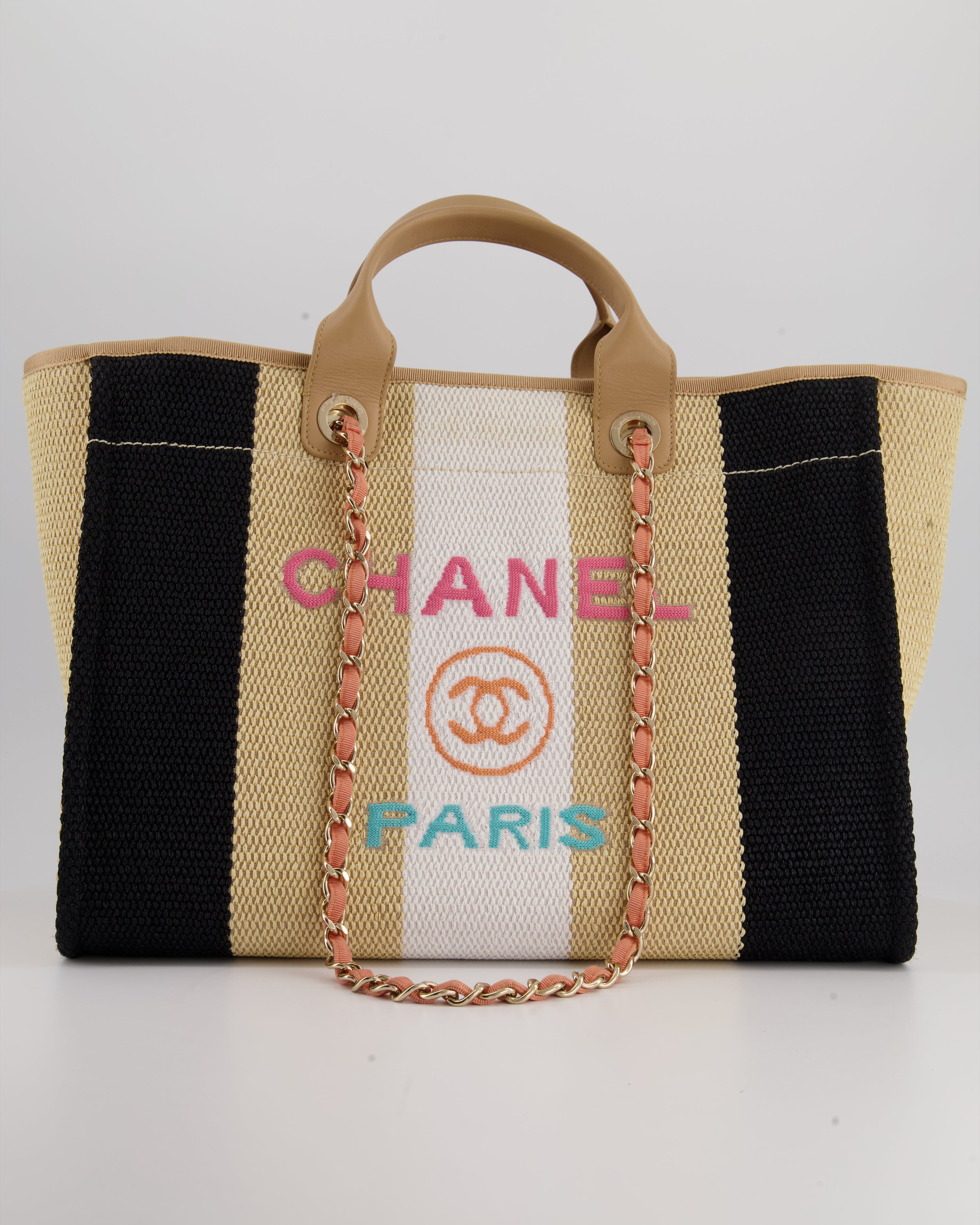 HOT* Chanel Beige, Black and White Raffia Deauville Tote Bag with Pas –  Sellier