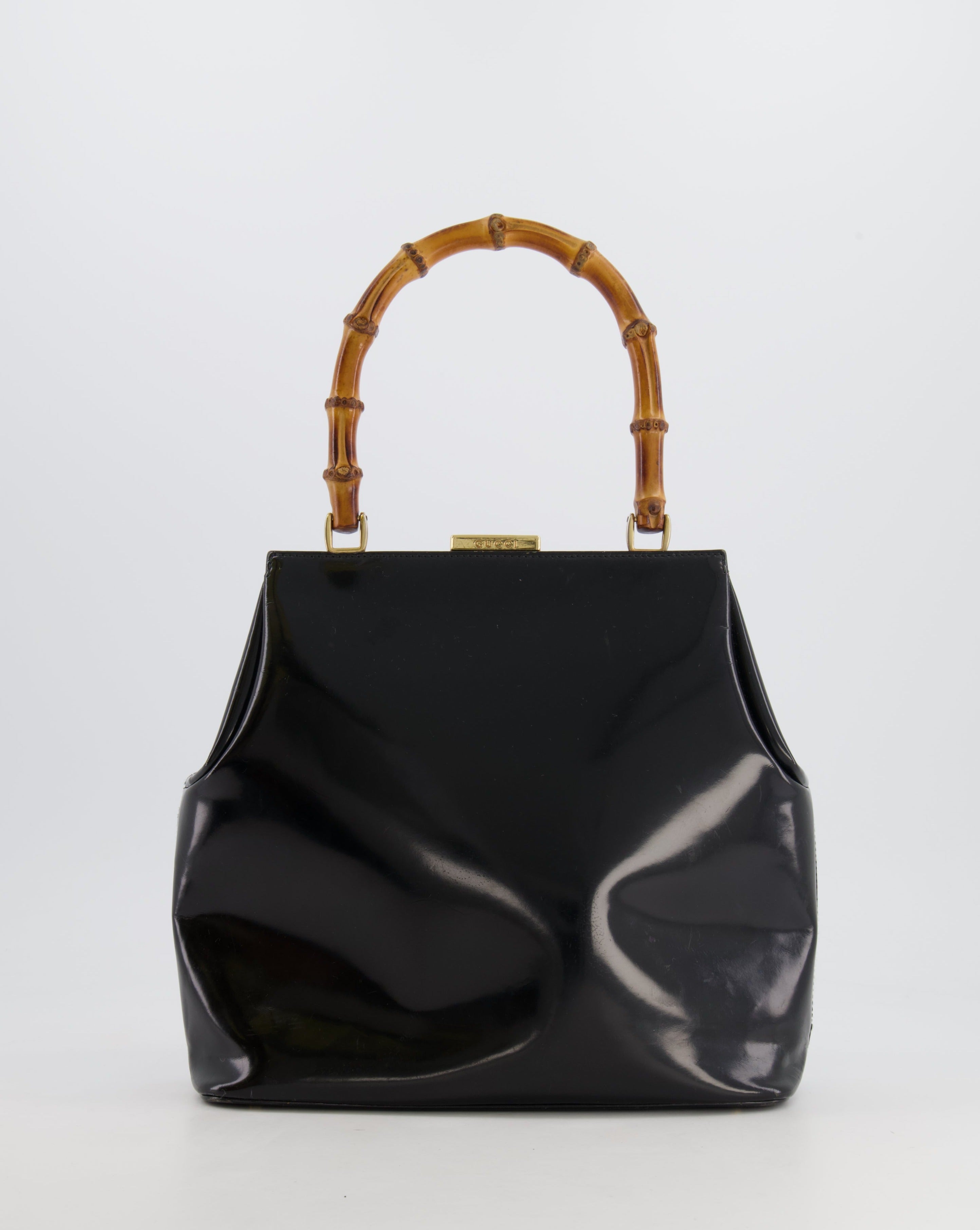 Gucci Vintage Black Patent Leather Bag with Bamboo Handle and Gold Har –  Sellier
