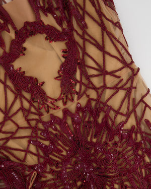 Zuhair Murad Burgundy Sequin Embellished Long-sleeve Midi Dress Size FR 34 (UK 6)