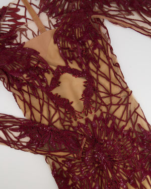 Zuhair Murad Burgundy Sequin Embellished Long-sleeve Midi Dress Size FR 34 (UK 6)