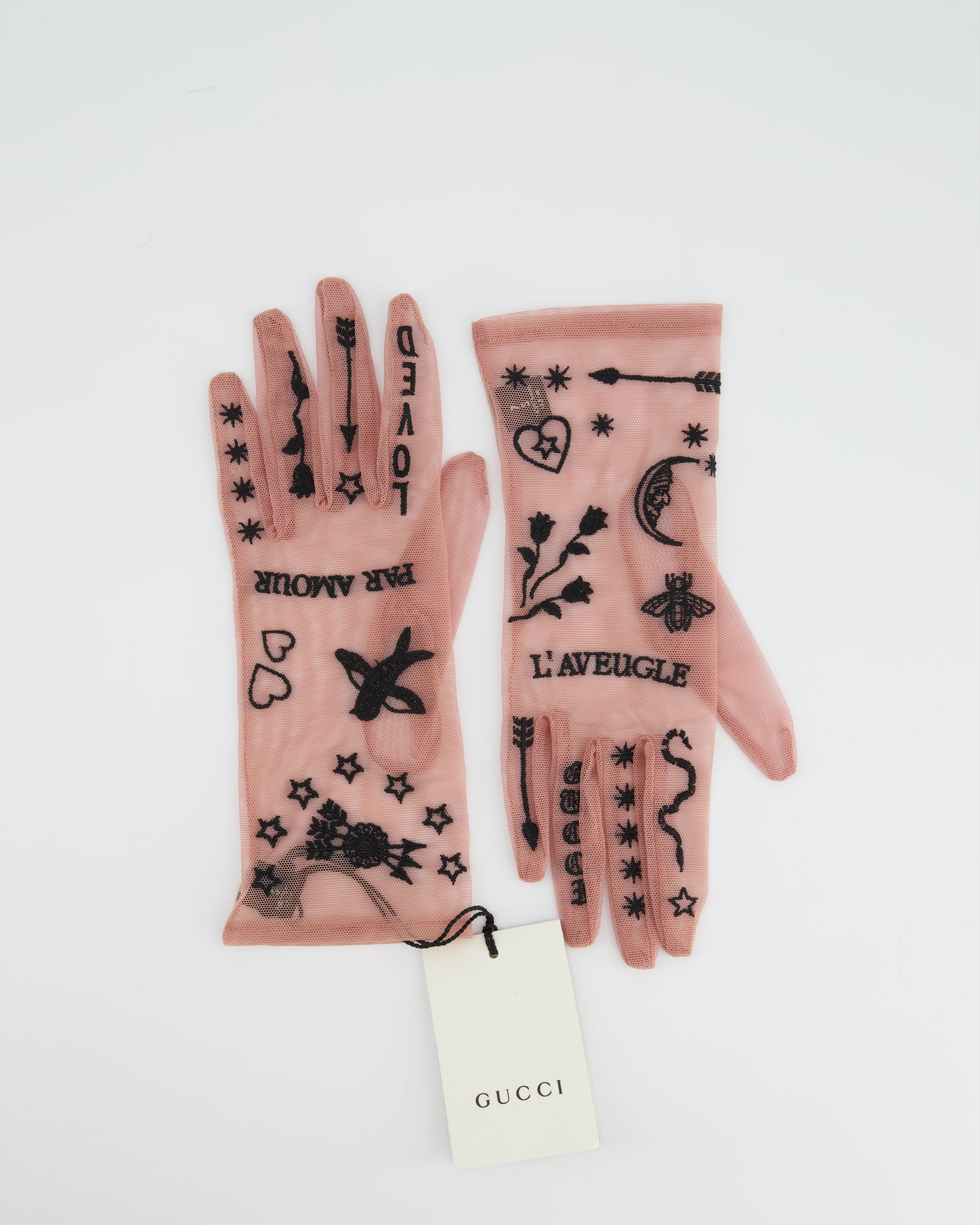 Gucci Pink Mesh Gloves with Black Embroidery Size S – Sellier