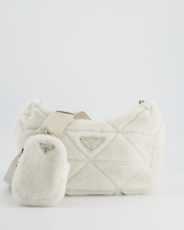 Prada Off-White Re-Edition 2000 Quilted Shearling Shoulder Bag with Silver Hardware RRP £1,850