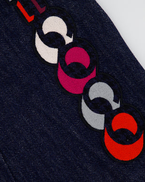 Chanel Dark Indigo Denim Midi Skirt Multi-Colour Gabrielle Coco Print Size FR 34 (UK 6)