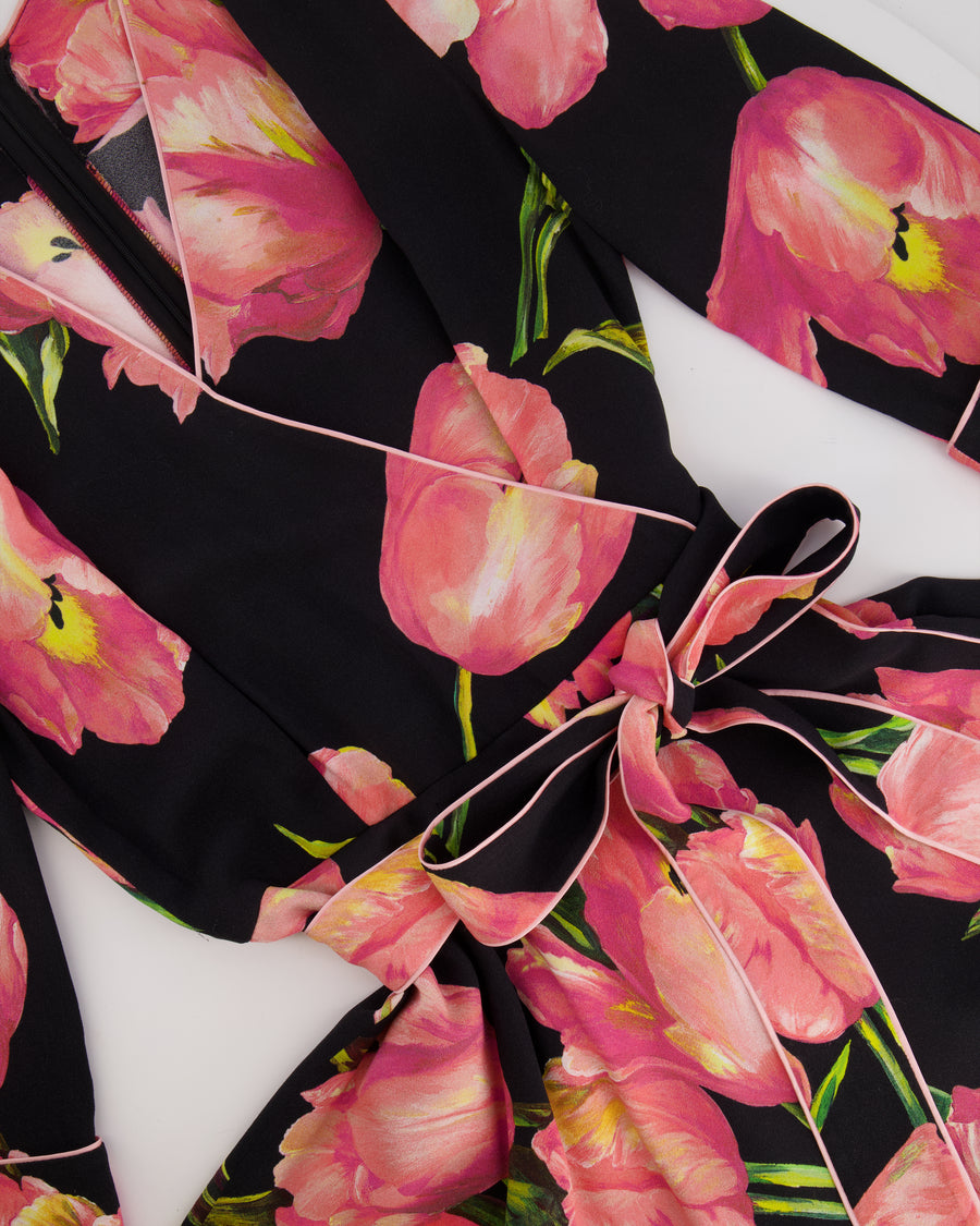 Dolce & Gabbana Black and Pink Floral Midi Dress with Belt Detail Size IT 42 (UK 10)