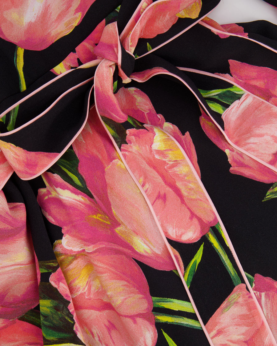 Dolce & Gabbana Black and Pink Floral Midi Dress with Belt Detail Size IT 42 (UK 10)