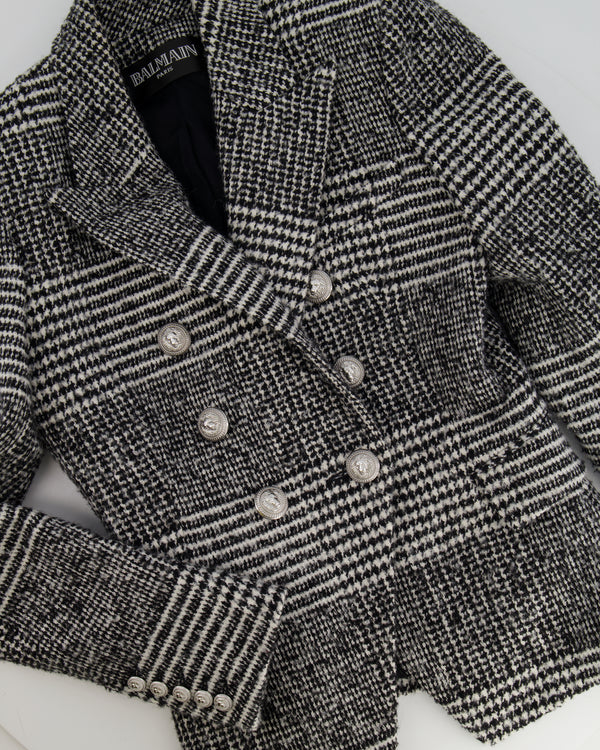Balmain Black and White Wool Houndstooth Blazer Jacket with Silver Buttons Size FR 36 (UK 8)