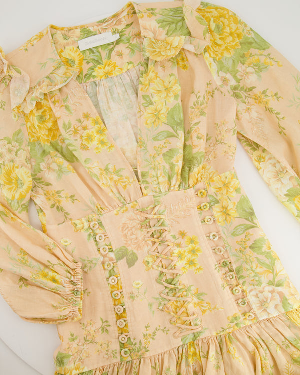 Zimmermann Blush Pink and Yellow Linen Long-Sleeve Mini Floral Dress with Corset Detailing Size 2 (UK 12)
