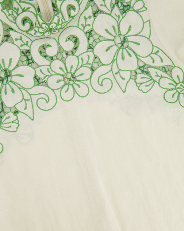 Zimmerman White and Green Floral Embroidered Linen Long-Sleeve Mini Dress Size 0 (UK 6)