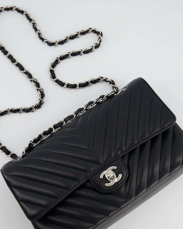 Chanel Black Chevron Medium Classic Double Flap Bag in Lambskin Leather with Silver Hardware