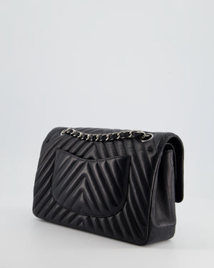 Chanel Black Chevron Medium Classic Double Flap Bag in Lambskin Leather with Silver Hardware