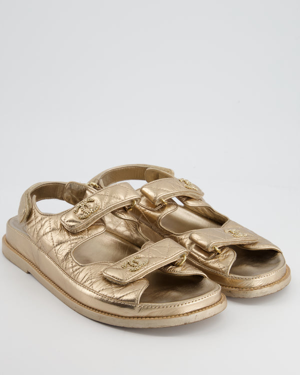 *FIRE PRICE* Chanel Gold Dad Sandals In Calfskin Leather with Chain CC Logo Size EU 41C
