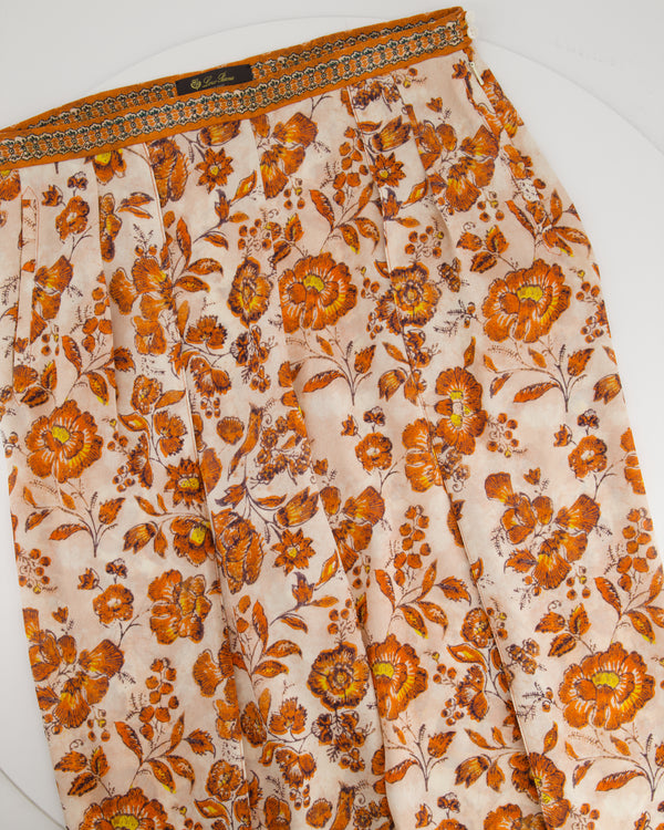 Loro Piana Orange Floral Print Silk Crepe Trousers with Ankle Cuff Detail IT 44 (UK 12)