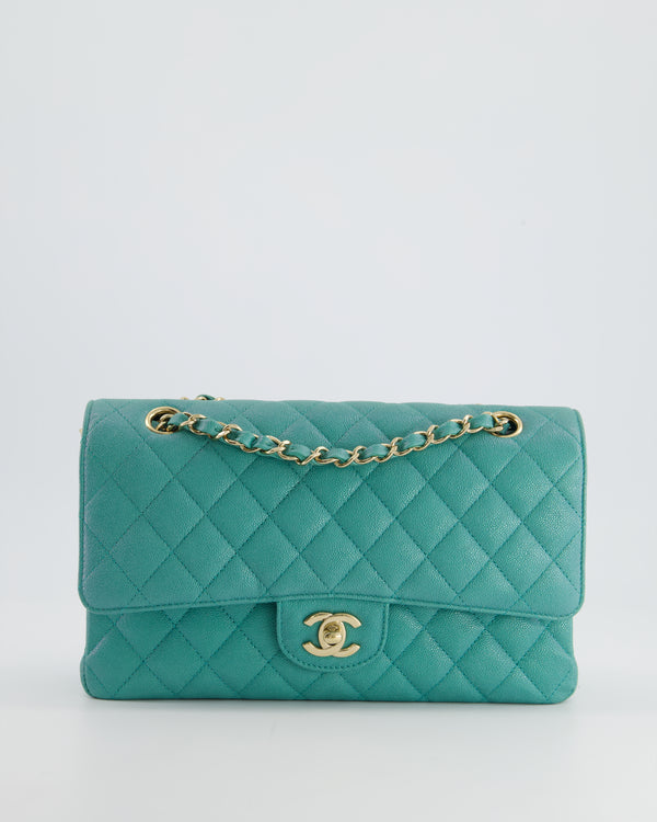 *HOT* Chanel Turquoise Iridescent Medium Classic Double Flap Bag in Caviar Leather with Champagne Gold Hardware