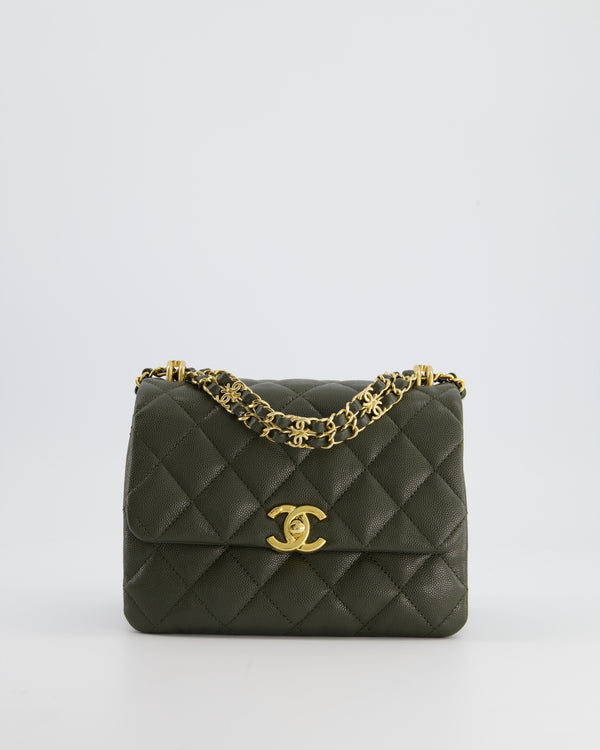 *HOT* Chanel Khaki Small Accordion Flap Bag in Caviar Leather with Gold Hardware