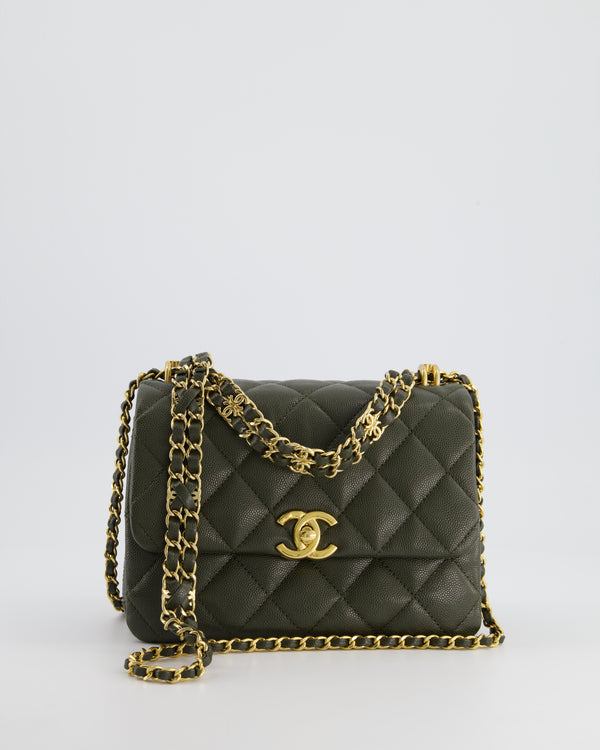 *HOT* Chanel Khaki Small Accordion Flap Bag in Caviar Leather with Gold Hardware