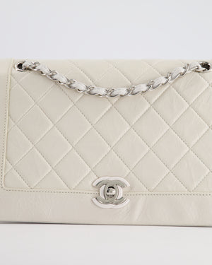 Chanel White Medium Diamond Quilted Flap Bag in Shiny Calfskin Leather with Silver Hardware