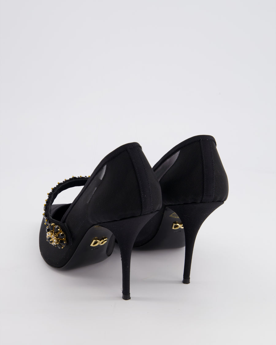 Dolce & Gabbana Black Tulle Pumps with Black and Gold Crystal Embellished Strap Size EU 36.5 (UK 4)