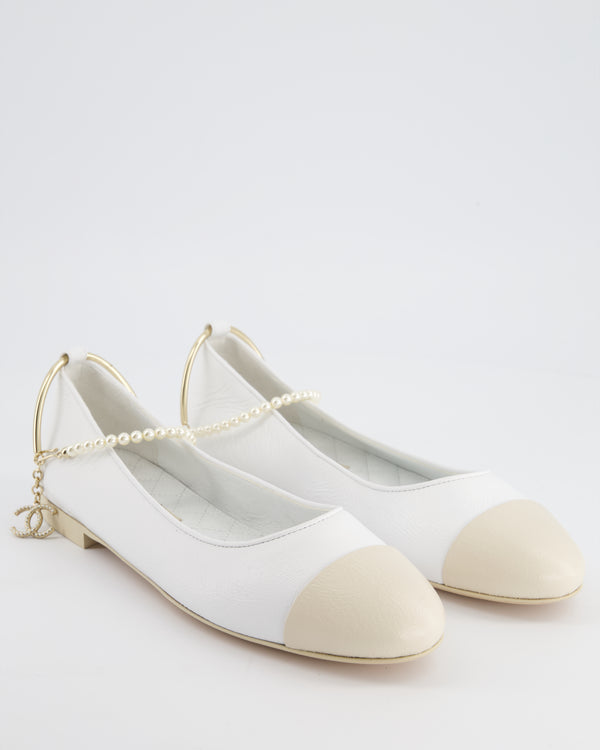 Chanel White Ballet Flats with Pearl and CC Ankle Detail Size EU 40
