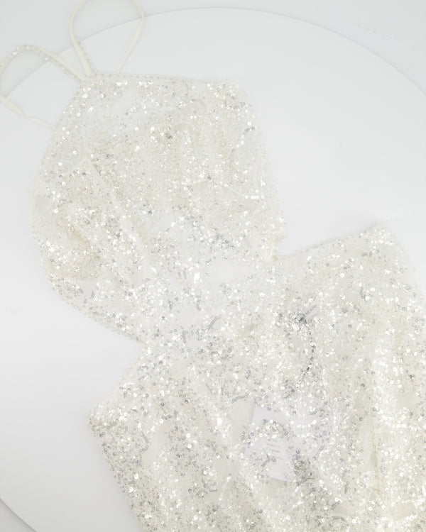 Nadine Merabi White & Silver See-Through Sequins Embellished Mesh Jumpsuit with Halter Neck Detail UK 14
