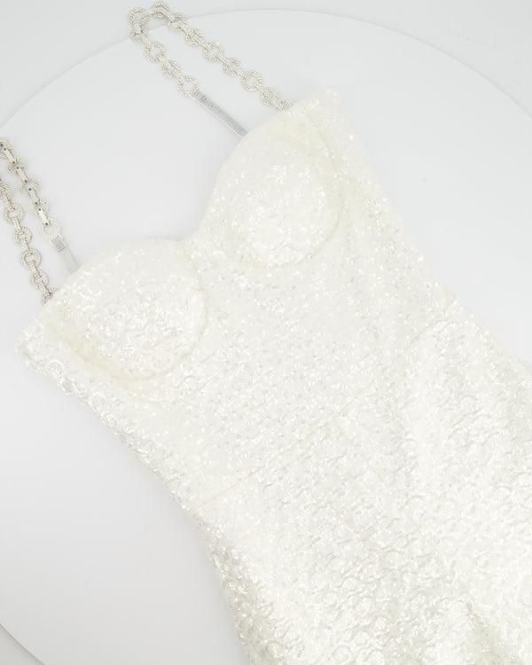 Nadine Merabi White Lucinda Sequins Embellished Jumpsuit with Crystal Detail Straps UK 10 RRP £415