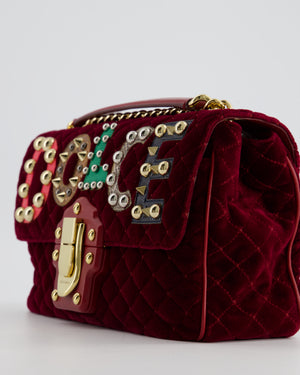 Dolce & Gabbana Burgundy Velvet Lucia Bag with Embellishments and Gold Hardware