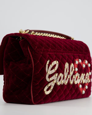 Dolce & Gabbana Burgundy Velvet Lucia Bag with Embellishments and Gold Hardware