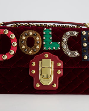 Dolce & Gabbana Burgundy Velvet Lucia Bag with Embellishments and Gold Hardware