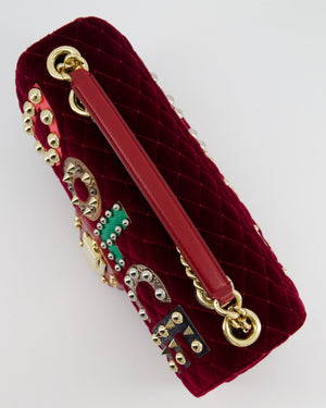 Dolce & Gabbana Burgundy Velvet Lucia Bag with Embellishments and Gold Hardware