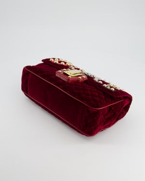 Dolce & Gabbana Burgundy Velvet Lucia Bag with Embellishments and Gold Hardware
