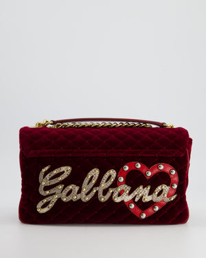 Dolce & Gabbana Burgundy Velvet Lucia Bag with Embellishments and Gold Hardware