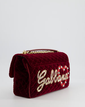 Dolce & Gabbana Burgundy Velvet Lucia Bag with Embellishments and Gold Hardware