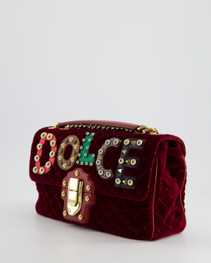 Dolce & Gabbana Burgundy Velvet Lucia Bag with Embellishments and Gold Hardware