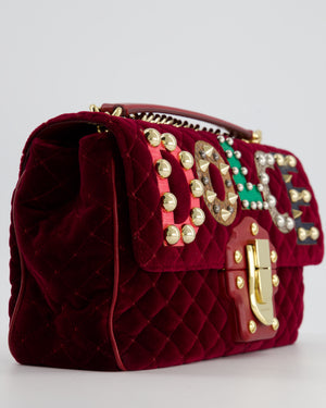 Dolce & Gabbana Burgundy Velvet Lucia Bag with Embellishments and Gold Hardware